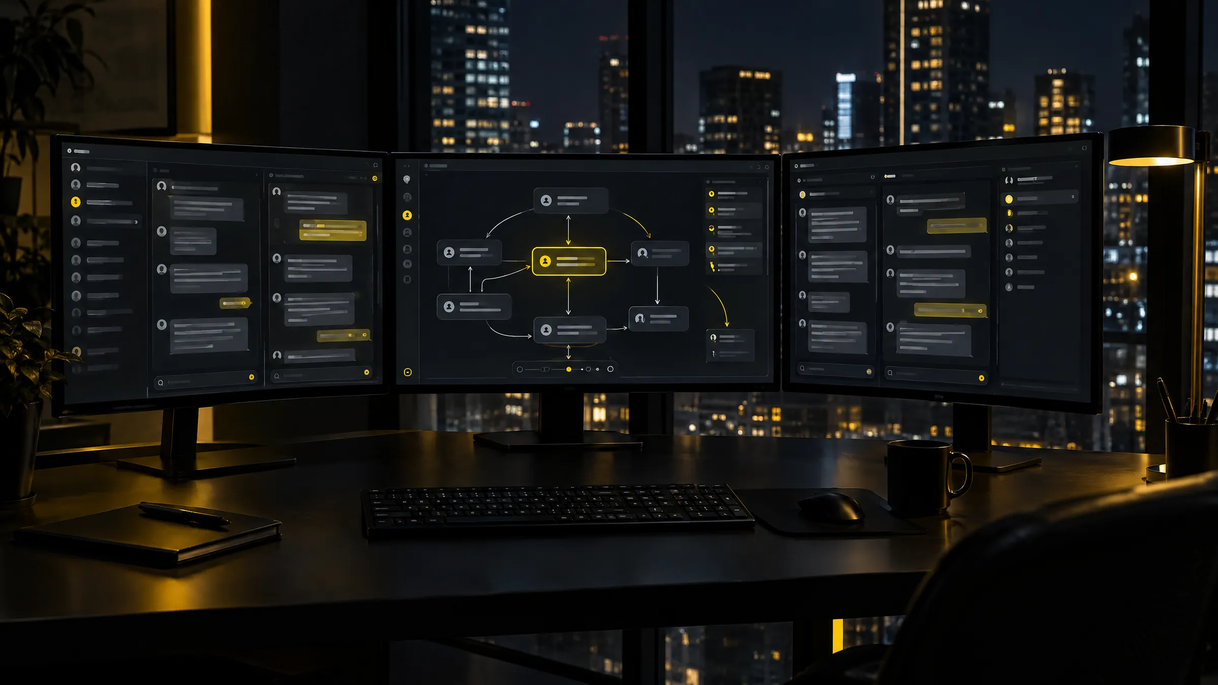 Workstation with three screens showing AI agent chats and an orchestration diagram, yellow accents