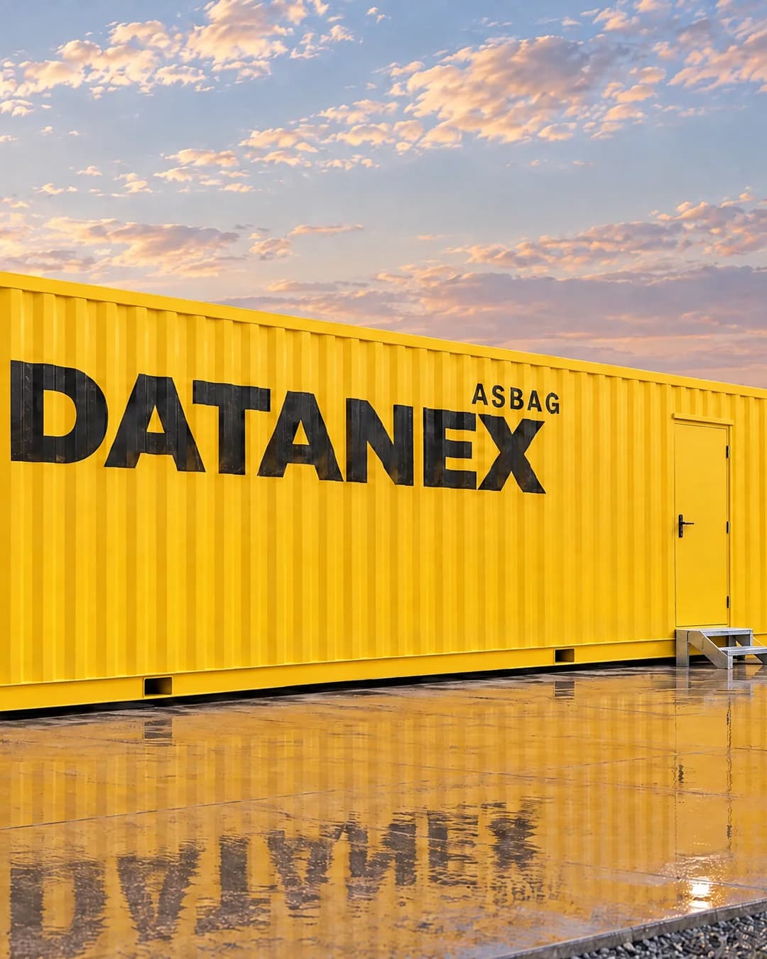 Yellow 40 ft container data center with the ASBAG Datanex mark, a louvered cooling end wall and a side door, on a wet concrete pad at golden hour