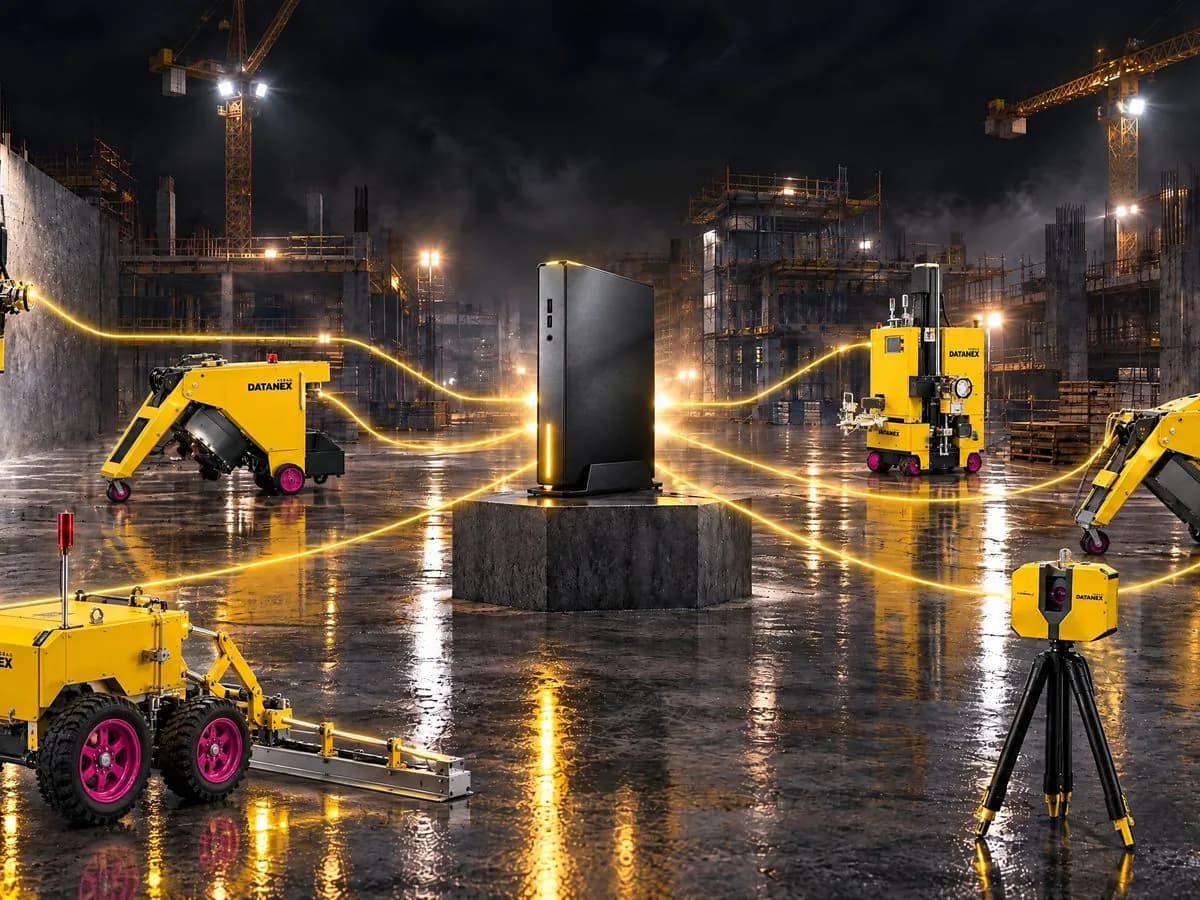 Compute node on a plinth at the center of a construction site at night, yellow robots around it